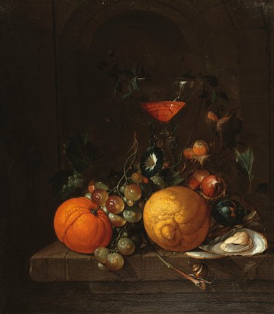 En sitron, en appelsin, druer, en østers og et glass vin på en avsats av Cornelis de Heem
