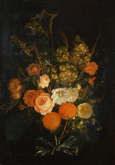 En haug med roser, nelliker, appelsiner, druer, eikenøtter og kastanjer (olje på lerret) av Cornelis de Heem
