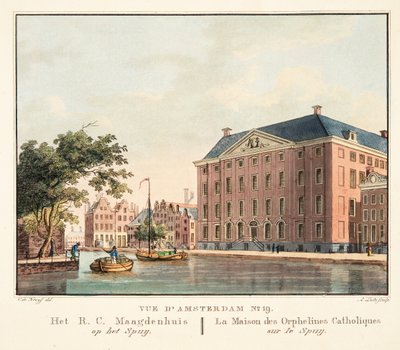 Utsikt over Amsterdam No.19. Het R.C. Maagdenhuis op het Spuij. Huset til katolske foreldreløse barn på Spuij, 1825 (håndfarget gravering) av Cornelis de Kruyff