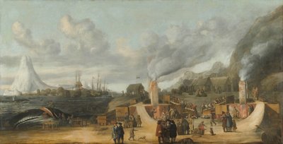 Hvaloljeraffineriet nær landsbyen Smerenburg En hvaloljefabrikk fra Nordic or Greenland Company på Amsterdamøya ved nordenden av Spitzbergen (Svalbard) av Cornelis de Man