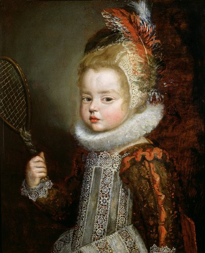 Et portrett av et barn som holder en racket (olje på panel) av Cornelis de Vos