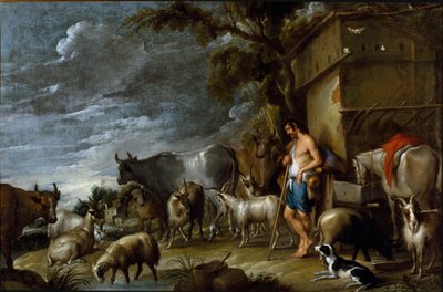Maleri av Cornelis De Wael (1592-1667), rundt 1630-1639. flamsk kunst. Historien om den fortapte sønn: grisenes vakt. Flodholder med gris, belier, geit, ku, geit, hest, hund og sau. Olje på lerret. Mål: 57x86cm. Privat samling, Genes av Cornelis de Wael