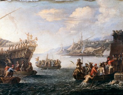 Soldater som tar fatt for å kjempe mot tyrkerne i havnen i Genoz (maleri av Cornelis de Wael
