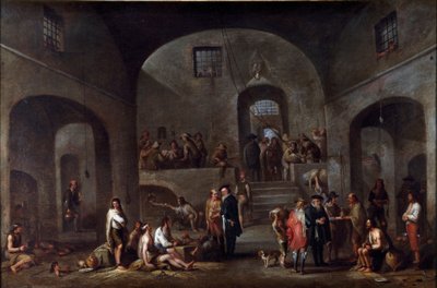 De syv verkene til korporal misericorde: "" fangenes besøk"" Maleri av Cornelis De Wael (1592-1667) (ec.flam) Gener, samling Banco di Chiavari av Cornelis de Wael