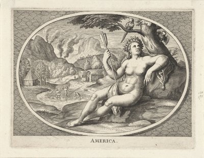 Kvinnelig personifisering av kontinentet Amerika som en kvinne med fjærhodeplagg og en pil i et landskap Amerika (tittel på objekt) av Cornelis van Dalen (II)