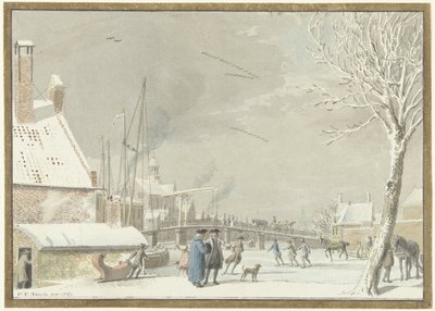 Frossen bykanal med skatere av Cornelis van Noorde