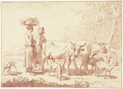 Hyrde og en kvinne med kyr og sauer av Cornelis van Noorde