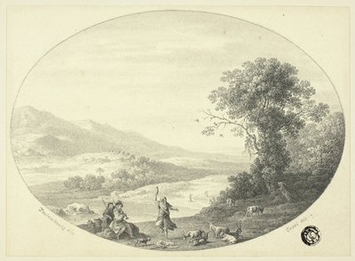 Italiensk landskap med dansere, musikere og geiter av Cornelis van Poelenburgh