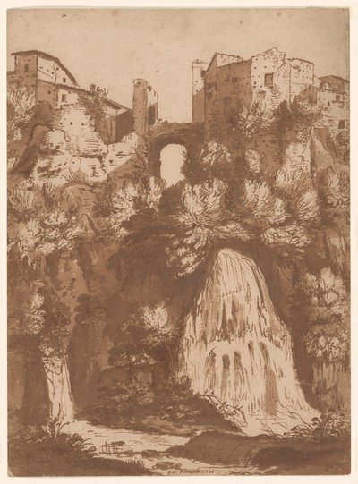 Utsikt over Tivoli med broen over Anio-fossen av Cornelis van Poelenburgh