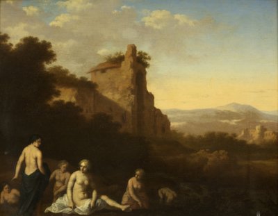 Nymfebading (olje på panel) av Cornelis van Poelenburgh or Poelenburch