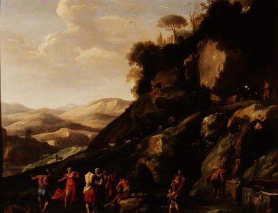 Bønder som danser i et landskap av Cornelis van Poelenburgh or Poelenburch