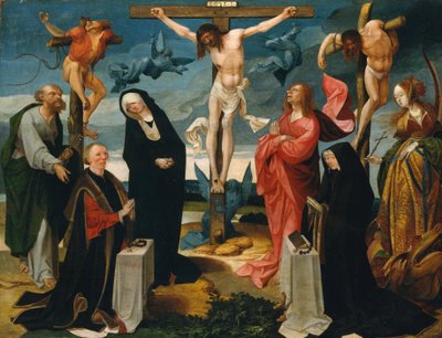 Korsfestelsen med givere og hellige Peter og Margaret, ca. 1525-27. av Cornelius Engebrechtsz