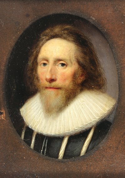 En gentleman i oppskåret svart dublett, 1639 (wc på vellum) av Cornelius I Johnson