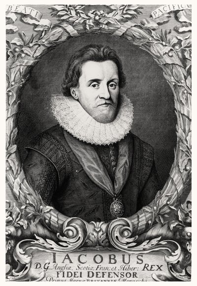 Portrett av James I, konge av Storbritannia, gravert av R.White, 1669 av Cornelius I after Johnson