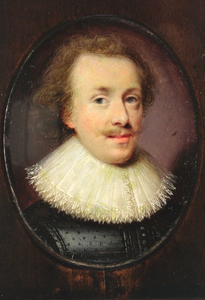 En herre, i svart figurdublet med fallende blondekant (wc på vellum) av Cornelius I attr.to Johnson