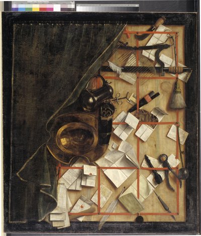 Trompe l'oeil. Brevstativ med en frisør-kirurgs instrumenter av Cornelius Norbertus Gijsbrechts