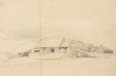 Gårdsbygninger med stabelmakere av Cornelius Varley