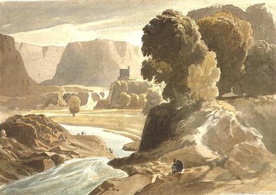 PD.4-1967 Fjelllandskap med et slott (muligens utsikt i Wales), ca. 1802-3 (akvarell og blyant på papir) av Cornelius Varley
