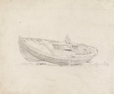 Studie av fortøyd båt med sittende figur av Cornelius Varley