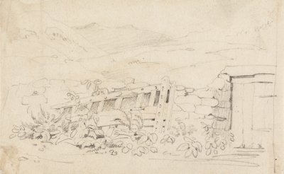 Studie av en steinmur og en port av Cornelius Varley