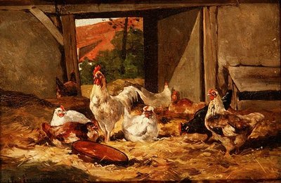 Kyllinger i en låve (en av et par) av Cornelius van Leeputten