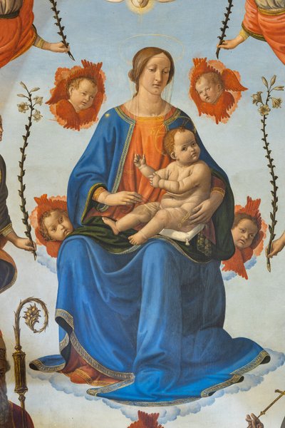 Madonna med barn i herlighet, den hellige Ambrosius, den hellige Frans av Assisi, Gud Faderen og englenes, altertavle, detalj (fresko) av Cosimo Rosselli