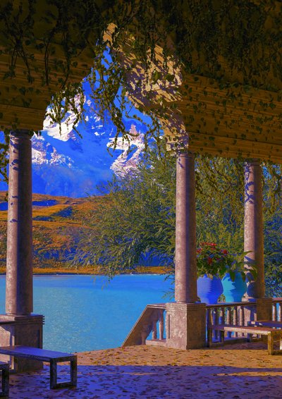 Pergola med utsikt over fjell og innsjø av CosmoZach