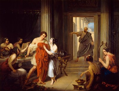 "Den greske filosofen Sokrates (470-399 f.Kr.) oppdager den unge Alkibiade (450-404 f.Kr.) med en hetary (gresk prostituert)" av Cosroe Dusi