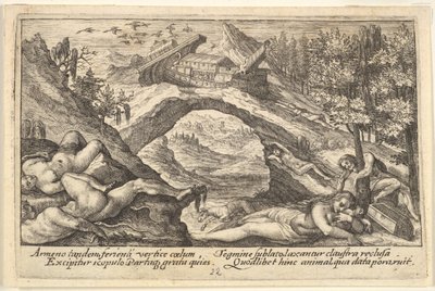 Etterdønninger av flommen: menneskekropper strødd på tørt land i forgrunnen, Noahs arkmyr..., 1612. av Crispijn de Passe I