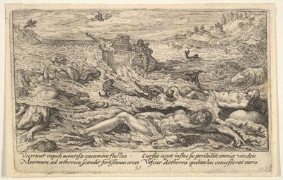 Flommen ødelegger livet på jorden: lik av mennesker og dyr driver i forgrunnen..., 1612. av Crispijn de Passe I