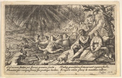 Begynnelsen av flommen: menn og kvinner klatrer til høyere bakken til høyre, vann overtak..., 1612. av Crispijn de Passe I