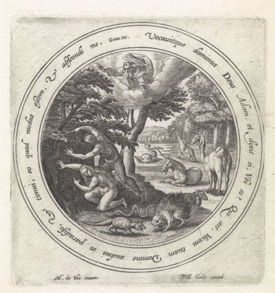 Adam og Eva gjemmer seg for Gud Historien om Adam og Eva (serietittel) av Crispijn van de Passe (I)