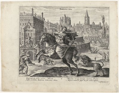 Hengende hager i Babylon med en løvejakt i forgrunnen The Seven Wonders of the Ancient World (serietittel) av Crispijn van de Passe (I)