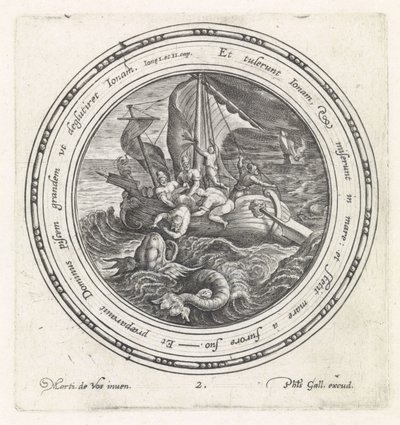 Jonah blir kastet over bord av sjømennene History of Jonah (serietittel) av Crispijn van de Passe (I)