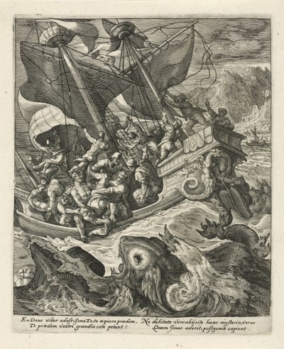 Jonah blir kastet over bord av sjømennene History of Jonah (serietittel) av Crispijn van de Passe (I)