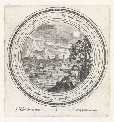 Jonas sitter under kalebassen History of Jonah (serietittel) av Crispijn van de Passe (I)