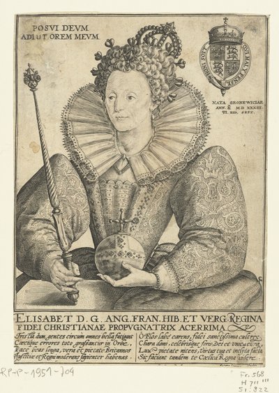 Portrett av Elizabeth I Tudor, ten halfen lijve Posvi Devm Aiut Orem Mevm (tittel på objekt) av Crispijn van de Passe (I)