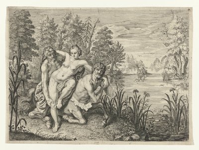 Nessus tar Deianira over elven Dianier of Nessus satt over strømmen (tittel på objekt) Metamorphoses of Ovid (serietittel) av Crispijn van de Passe (II) (possibly)