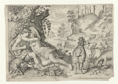 Polyphemus ble fanget av Acis en Galatea Metamorfosen van Ovidius (serietittel) av Crispijn van de Passe (II)