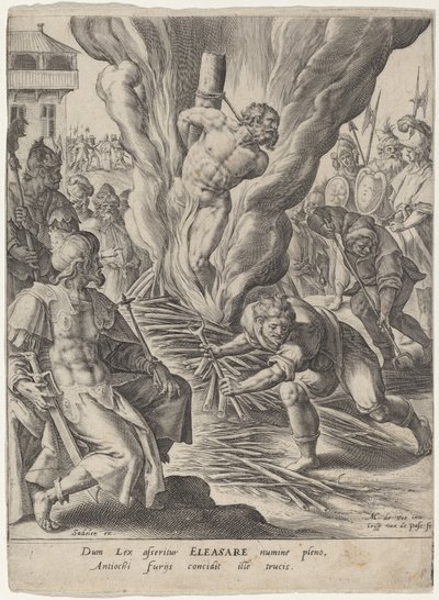 Eleasar brent av Antiochus av Crispijn van de Passe I after Maarten de Vos