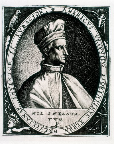 Portrett av Amerigo Vespucci, inskripsjon "Americus Vesputius Florentinus Land of Bresilian Inventor Subactor" (gravering) av Crispin I de (after) Passe