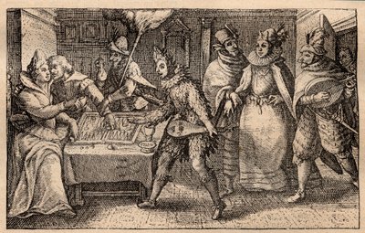 En backgammon-fest med spaserende spillere - nederlandsk kobberplategravering; fra et sett med trykk, Hortus Voluptatem, av Crispin de Passe (1550-1643) - Et par som spiller backgammon overrasket av fem menns masker gravert av Crispin de Passe l