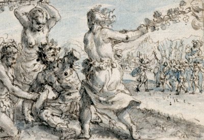 Maenads som slo Pentheus, tidlig på 1600-tallet (penn og brunt blekk med brune, blå og grå vasker) av Crispin I de Passe