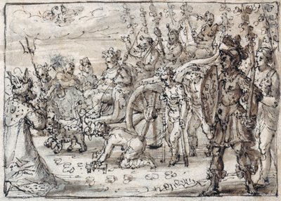 Triumferende inntog av den indiske Bacchus i Theben (penn og brunt blekk med brun vask på papir) av Crispin I de Passe
