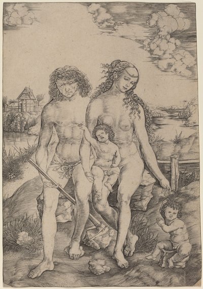 Adam og Eva med spedbarnene Kain og Abel av Cristofano Robetta