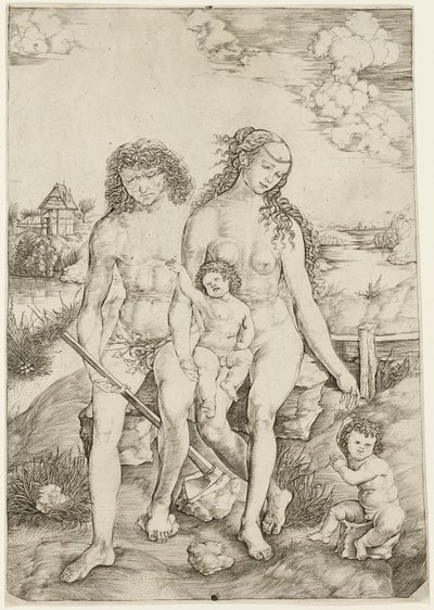 Adam og Eva med spedbarnene Kain og Abel av Cristofano Robetta