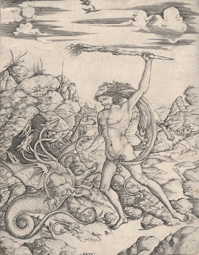 Hercules and the Hydra, med en fakkel, angriper han den bevingede, flerhodede Hydr..., ca. 1500-1520. av Cristofano di Michele Martini