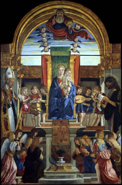Jomfruen og barnet på tronen hos Gud Faderen og de hellige Hilarius og døperen Johannes, 1499 av Cristoforo Caselli