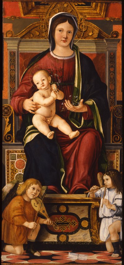 Jomfruen og barnet tronet med to musikerengler, 1508-1510 av Cristoforo Caselli