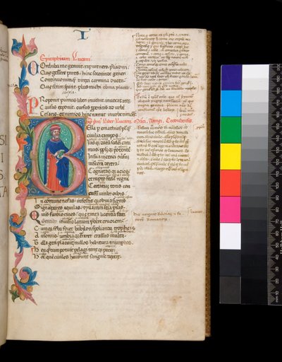 Ms 325. Lucan, Bellum Civile og andre verk, f.10r. Opplyst initial [B], bebodd av et forfatterportrett i full lengde, som strekker seg inn i en delvis løvverk, ca. 1400-10 (pergament) av Cristoforo Cortese